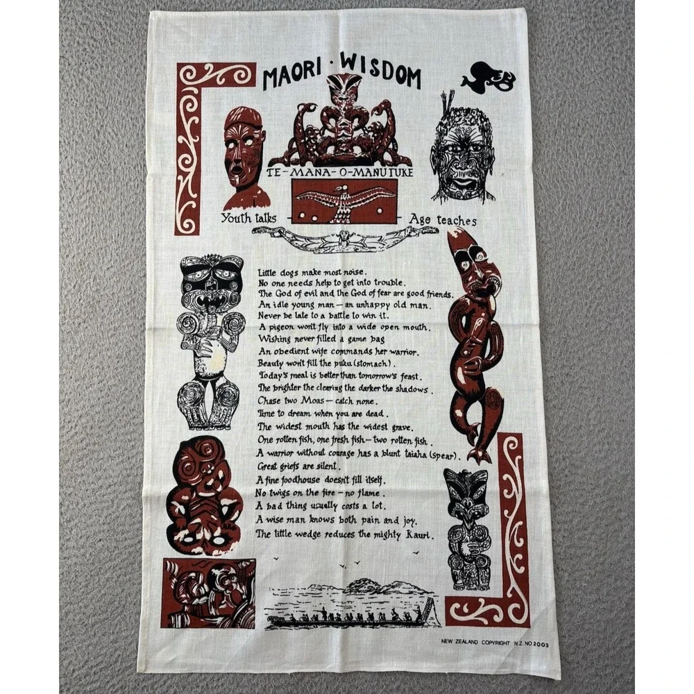 Vintage Maori Wisdom Tea Towel New Zealand 2003 Natural Flax Linen NWOT